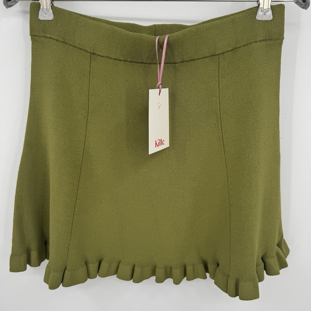 Kilte Collection Raleigh Rib Knit Ruffle Hem Mini Skirt in Eucalyptus size 1 S